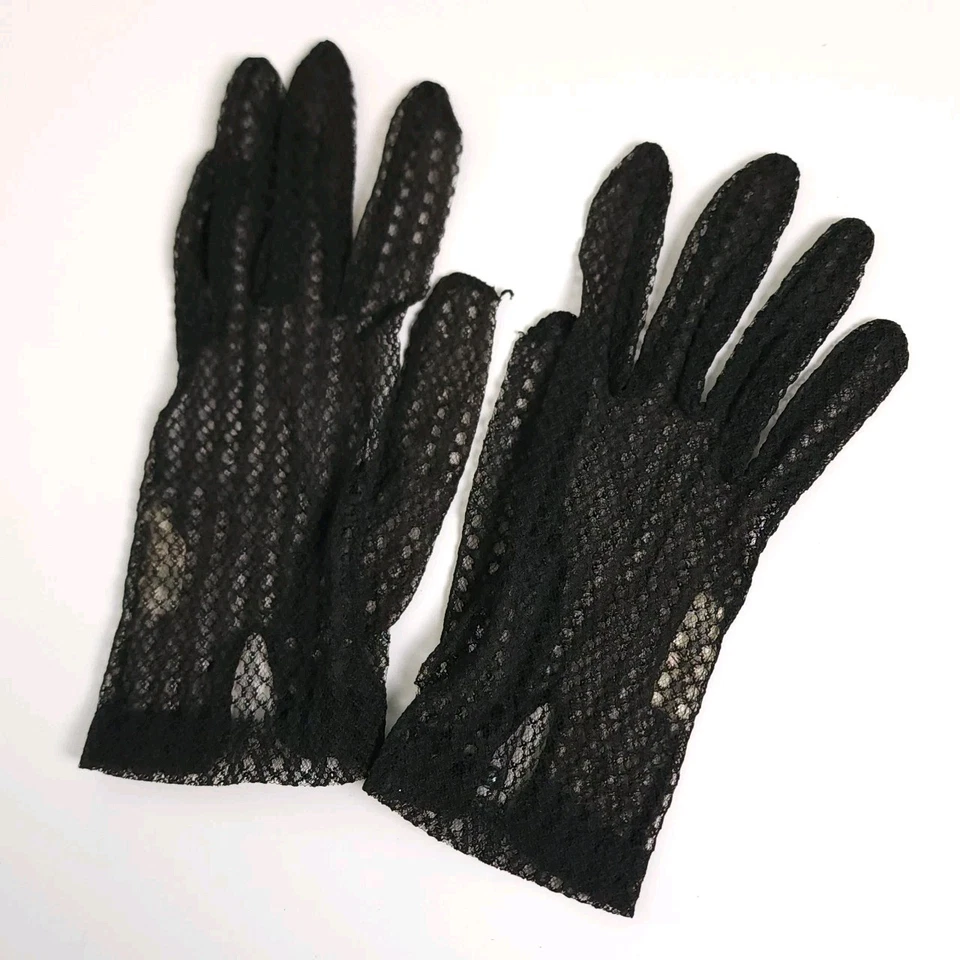 Guantes Hansen vintage negros de encaje/crochet para mujer talla 7 1/2 cierre de botones Foto 2 de 4