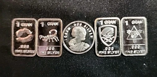 5 x 1 Gram .999 Fine Silver Bars and Round Lot Assorted Designs. Unique & Fun:)
