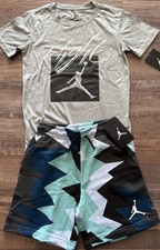 NWT Nike Jordan Boys YSM Navy/Gray/Aqua Geometric Fleece Shorts Set Small
