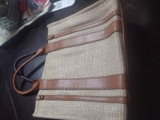 Beige/Brown Tote Bag Zip Top Double Handles Lined Inner Pockets Gold Hardware