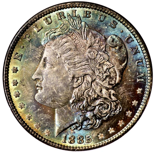 1885 $1 Morgan Silver Dollar PCGS MS64 Rainbow Toned Nice Colors