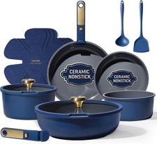 Blue&Gold Ceramic Cookware Set Non Toxic, PFAS Free,15Pcs Pots and Pans Set Non
