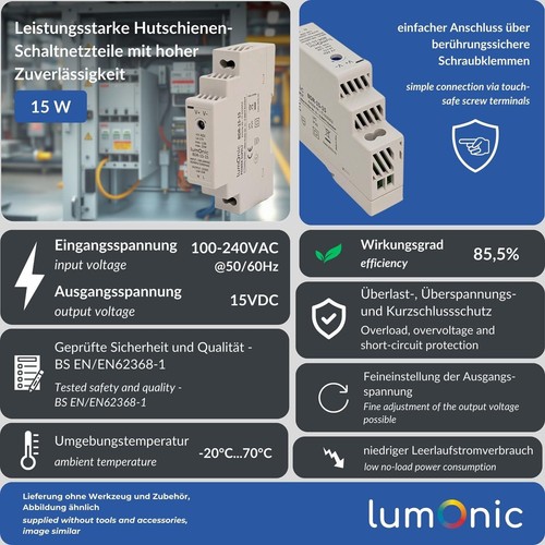 Netzteil Hutschiene BDR-15-15 15V 15W Input 100-240VAC Überlastschutz & kurzschl - Picture 4 of 9