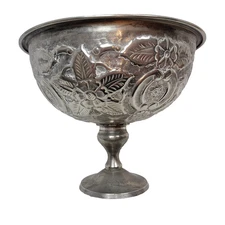 Vintage Silver/Plate Pedestal Fruit Bowl with Ornate Flower Design - Unmarked