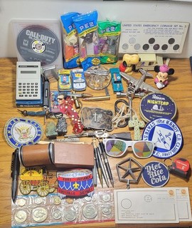Huge Vintage Junk Drawer Lot coins patches Toys Pens stamps more