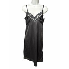 Vintage 70s Black Nylon Nightgown Lace Trim Maxi Slip Dress USA Gothic