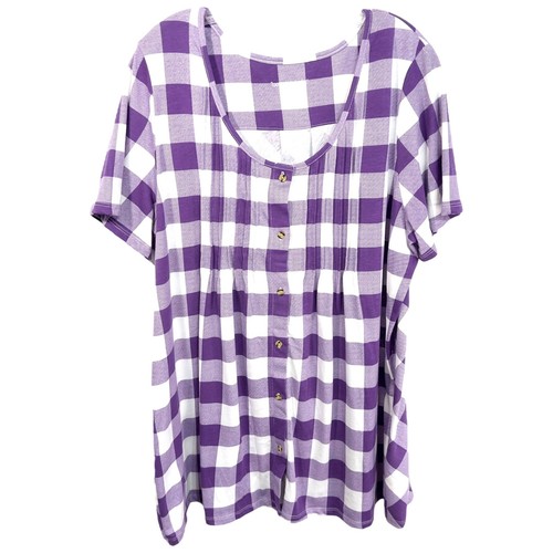 Woman Within Plus Size 22W 24W Top 1X Purple Gingham Tunic Short Sleeve 1302 - Picture 2 of 9