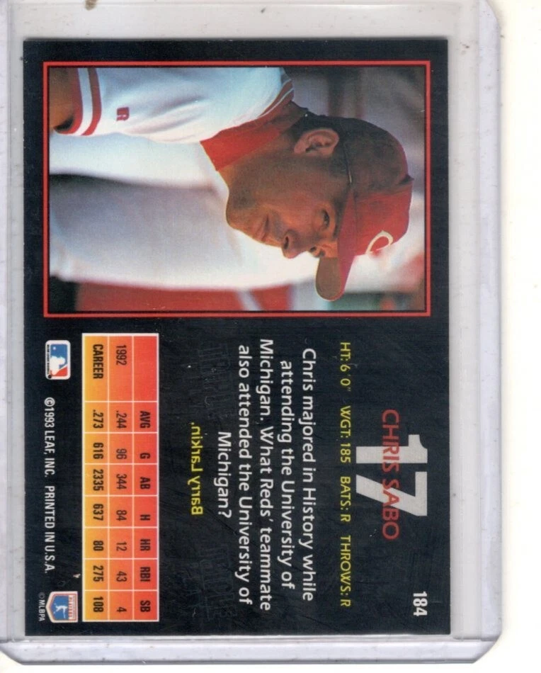 Chris Sabo 1993 Triple Play #184 Cincinnati Reds baseball card - Image 2 of 2