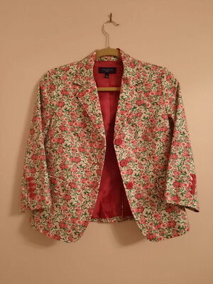 TALBOTS Womens 4P RED PINK ROSE FLORAL Pattern Cotton Spandex JACKET Blazer