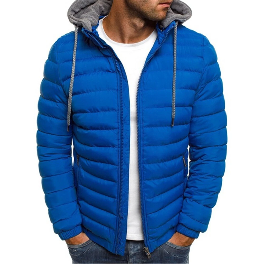 Men Quilted Jacket Puffer Jackets Casual Zip Up Winter Warm Coat Hooded Outwear