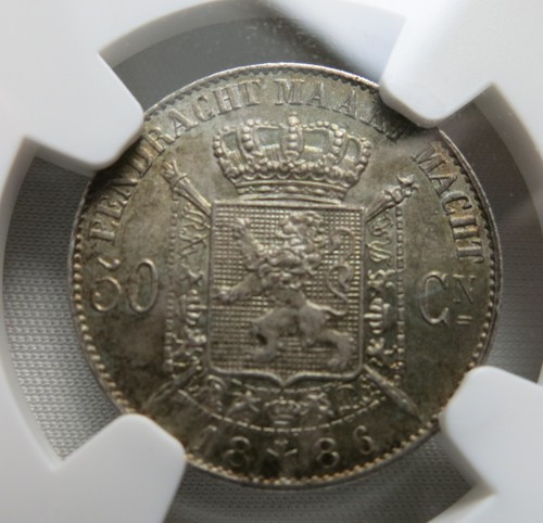 BELGIUM 50 centimes 1886 NGC MS 63 UNC Flemish Dutch type Silver Leopold Toned - Picture 2 of 3