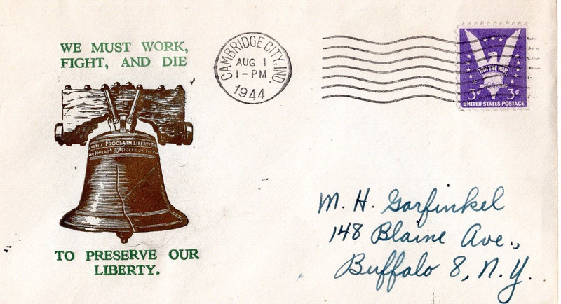 1944 CAMBRIDGE CITY IN WWII PATRIOTIC COVER W/ FIGHT AND DIE FOR LIBERTY CACHET