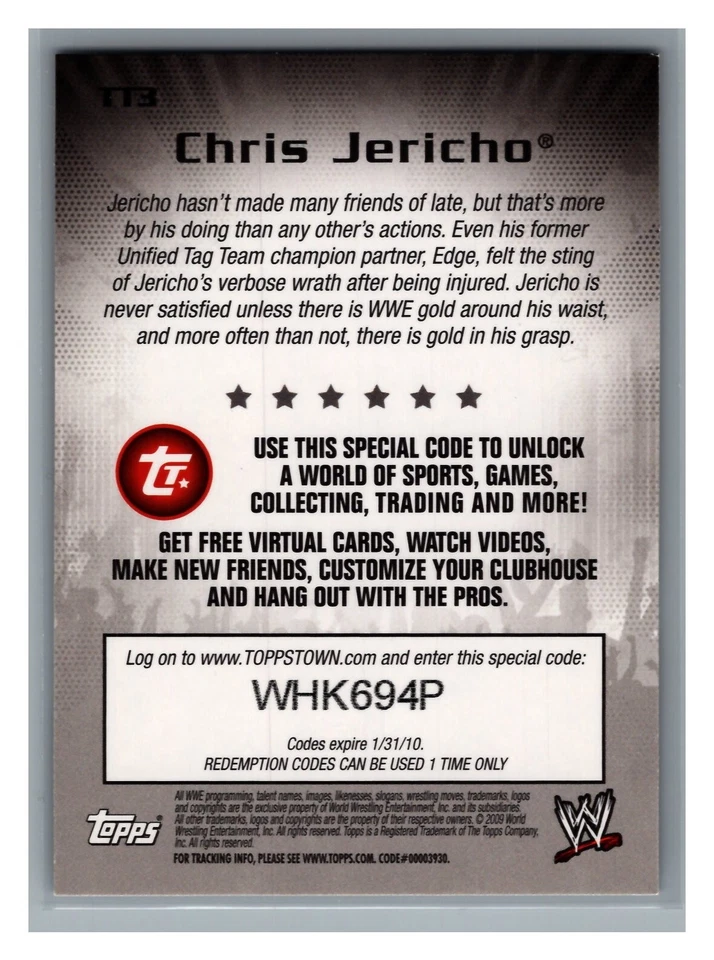 Chris Jericho 2009 Topps Town WWE Card # TT3 - Image 2 of 2