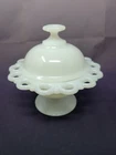 Vtg Anchor Hocking Lace Edge Milk Glass Footed Compote with Lid MCM EUC 6" 1960s