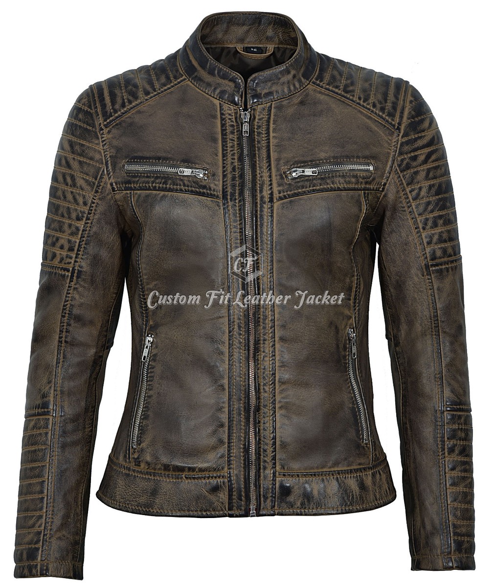 Ladies Leather Jacket Dirty Brown Vintage Style Speed Racing 100