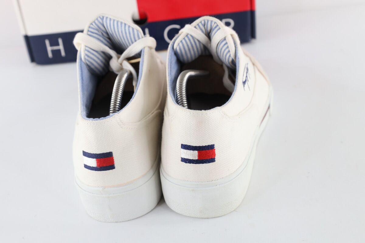 Deadstock Vintage 90s Tommy Hilfiger Mens 11 Spell Out Script Canvas Shoes Cream Deadstock Vintage 90s Tommy Hilfiger Mens 11 Spell Out Script Canvas Shoes Cream