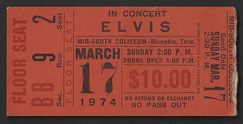ELVIS PRESLEY Concert Ticket - Memphis, Tennessee 17 March 1974 - 7"x3" reprint