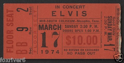 ELVIS PRESLEY Concert Ticket - Memphis, Tennessee 17 March 1974 - 7''x3'' reprint