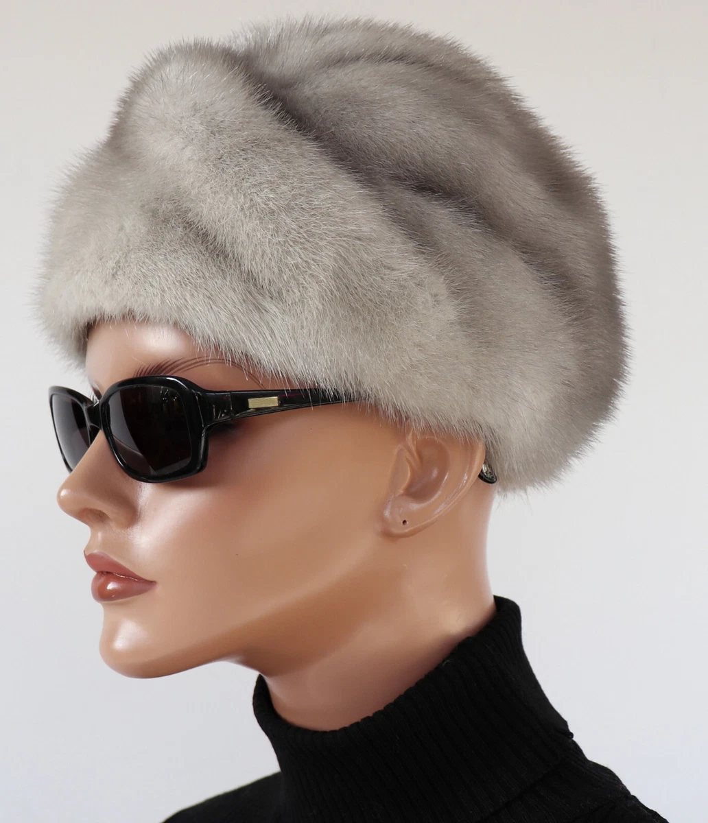 Nerz Hut Pelz Silber Fell Kappe Vintage Mode Mütze Schmuck Putz Damen Grau Mink