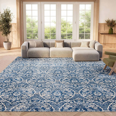 Brentwood 8x10 Area Rug - Navy & Light Grey Floral Design, Easy Clean, Non-Shedd