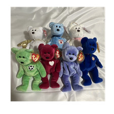 Ty Beanie Babies Bear Plush Lot 7:P.E pellets w/tag protectors on all.
