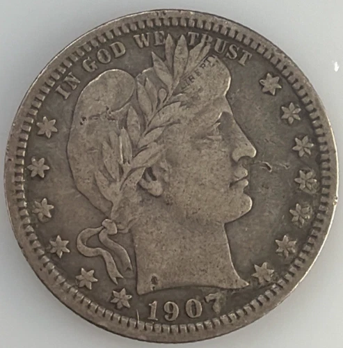 1907-P Barber Quarter Fine 90% Silver Choice Beautiful Vintage U.S. Coin