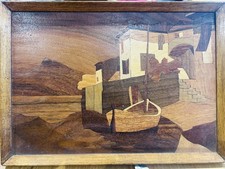 Vintage Marquetry MCM Wooden Picture of Mediterranean Coastal Scene 26x19cm