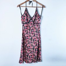 Y2K Express Womens 100% Silk Black Floral Babydoll Halter Mini Dress Size 9/10