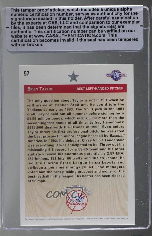 CAS Certified 1992 Upper Deck Minor League Brien Taylor #57 Sealed Rookie RC - Image 2 of 2