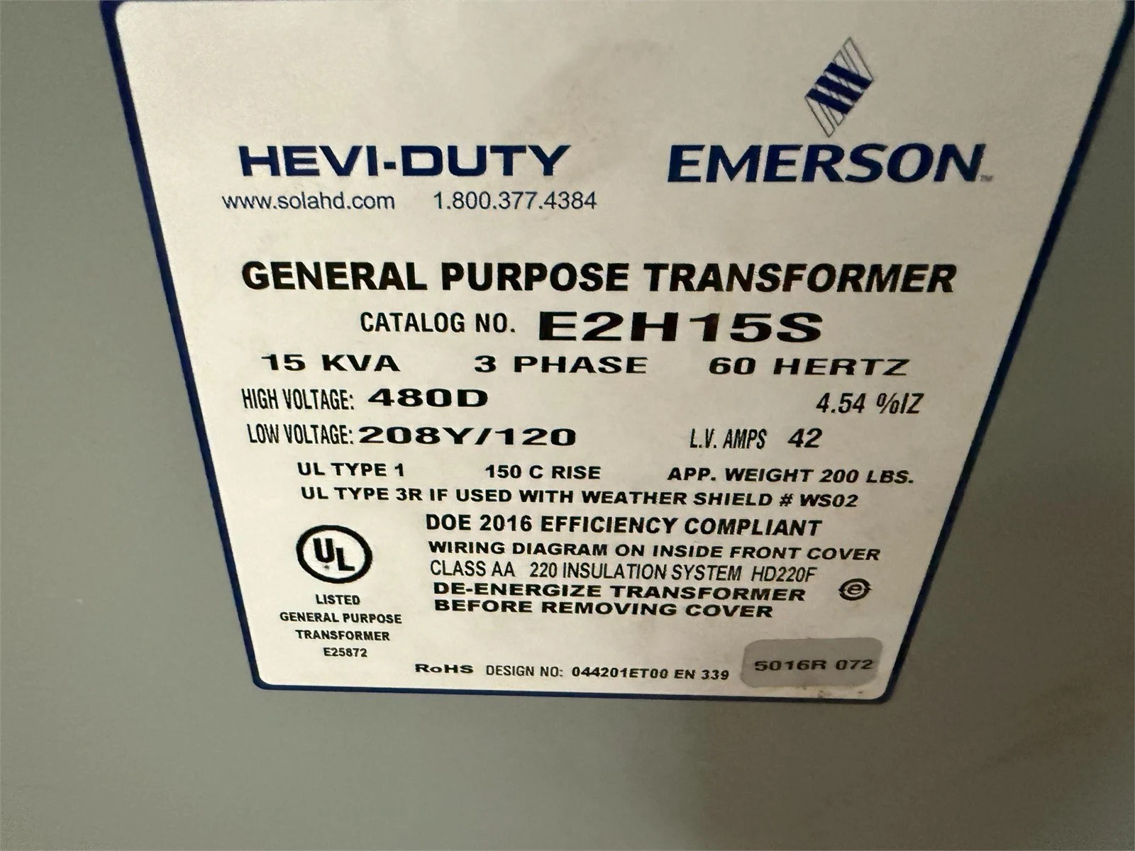 Emerson Hevi-Duty E2H15S Transformer | 15 kVA 3-Phase 480V to 208Y/120V 60Hz 200