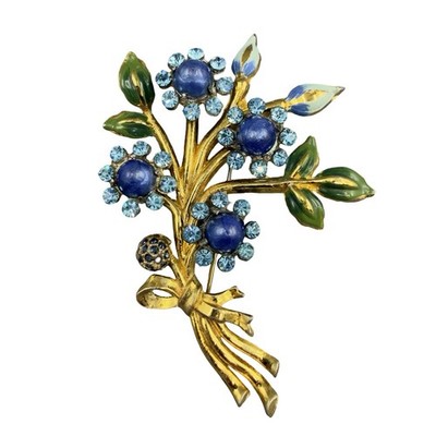 Vintage SIGNED 1940s CORO CRAFT Adolph Katz Enamel Flower RHINESTONE Gold Brooch