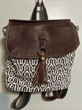 MYRA Bag Brown Leather Flap Backpack With Tassel And Black  White Canvas