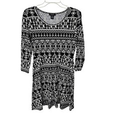 Deb 3/4 Sleeve Drop Waist Geometric Print Fit & Flare Dress Stretch Womens Sz M