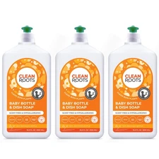 Clean Roots Baby Bottle & Dish Soap Plant-Based, Scent-Free, 16.9 Oz (Pack of 3)