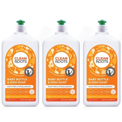 Clean Roots Baby Bottle & Dish Soap Plant-Based, Scent-Free, 16.9 Oz (Pack of 3)