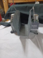 PRIMATIVE VINTAGE PUNCHED TIN NAPKIN SALT AND PEPPER HOLDER CADDY