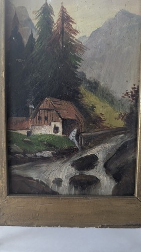Arte popular vintage pintado a mano enmarcado escena de bosque rural - Imagen 3 de 7