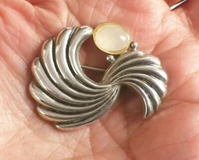 Art Deco Style Pin  Silver Metal Swirl Fan Brooch with Stone Center  Vintage