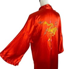 Vintage Mid Century Hand Embroidered Chinese Dragon Rayon Longline Lounge Robe