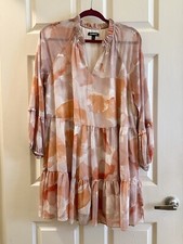 Express Petal Peach Lilac Floral Watercolor Summer Dress Long Sleeve L Large