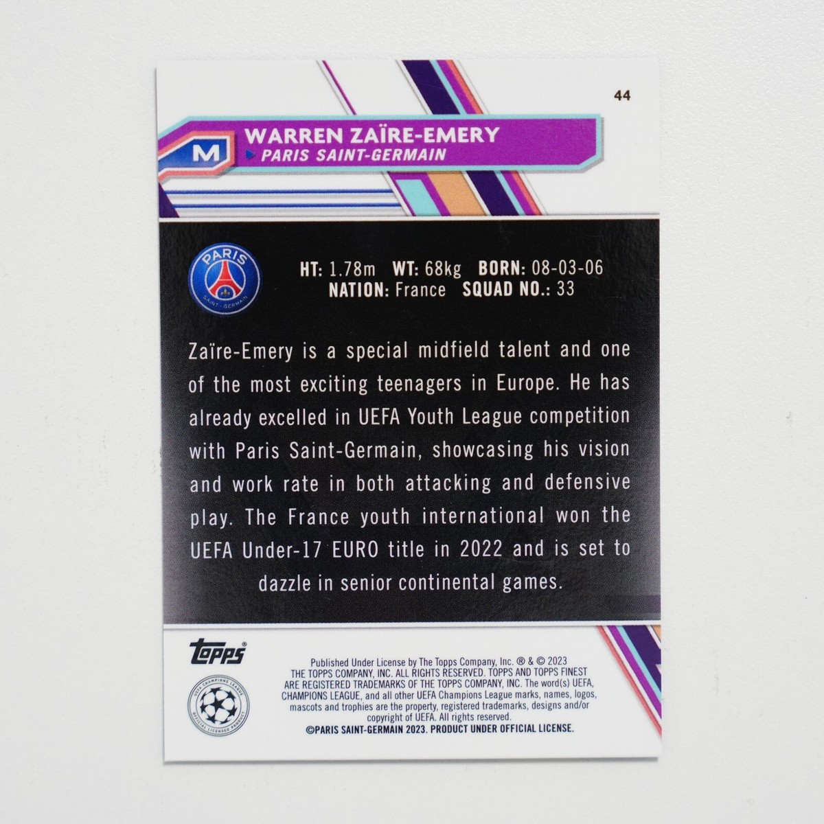 2022-23 Topps Finest UCL PSG RC Warren Zaire-Emery Sky Blue