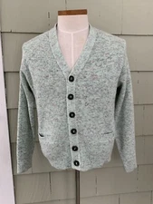 Vintage 1960s 70s Green White Acrylic Grandpa Cardigan Sweater Richman Bros S/M