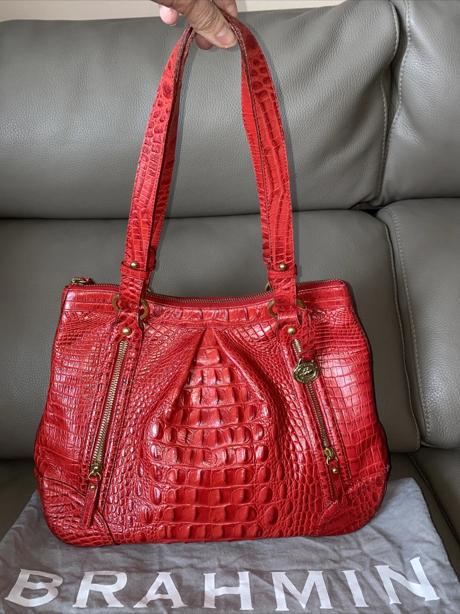 Brahmin Y2K Vintage Lipstick Red Croc Embossed Leather Tote Bag Gold  Accents EUC