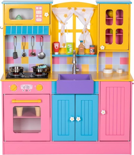 Kids Kitchen Playset, Wooden Pretend Play Kitchen for Kids w/Faucet