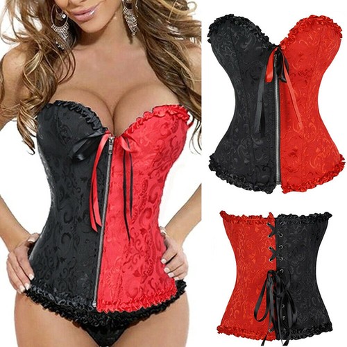 Women Lace Up Boned Bustier Corset Overbust Burlesque Top Lingerie Waist Cincher - Picture 12 of 49