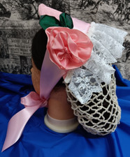 Pink Fleur de Lis Design Dinner Bonnet with Rose Civil War Reproduction Hat Bag