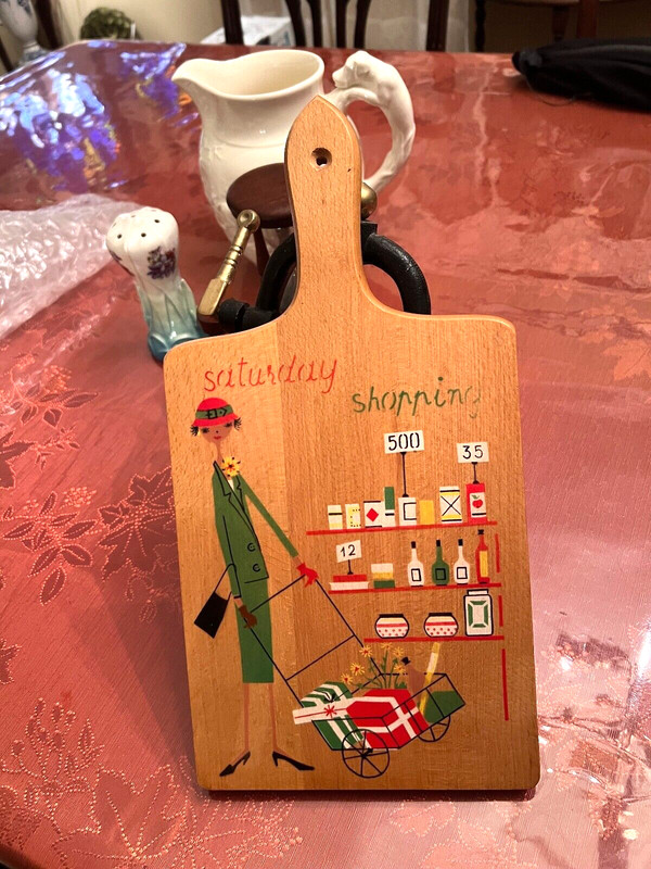 Vintage Wooden trivet  Saturday Shopping 1962 made in the USA