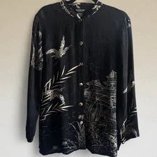 Citron Santa Monica  100% Silk Button  Blouse Black Asian Women’s Size Large