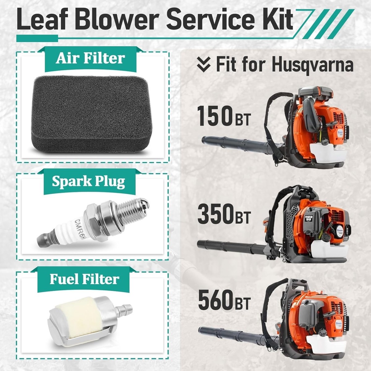 2-Pack Husqvarna Leaf Blower Service Kit (590849001) - Includes Air Filter, Spark Plug, Fuel Filter For 150BT, 350BT, 560BT