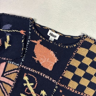VTG Nine 90s Nautical Patchwork Cardigan Sweater Hand Knit Look M Oversized Crop